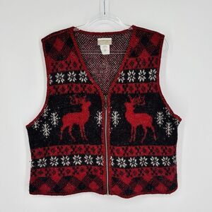Vintage Coldwater Creek Reindeer Vest Zip Front 100% Wool Red Black Womens Large